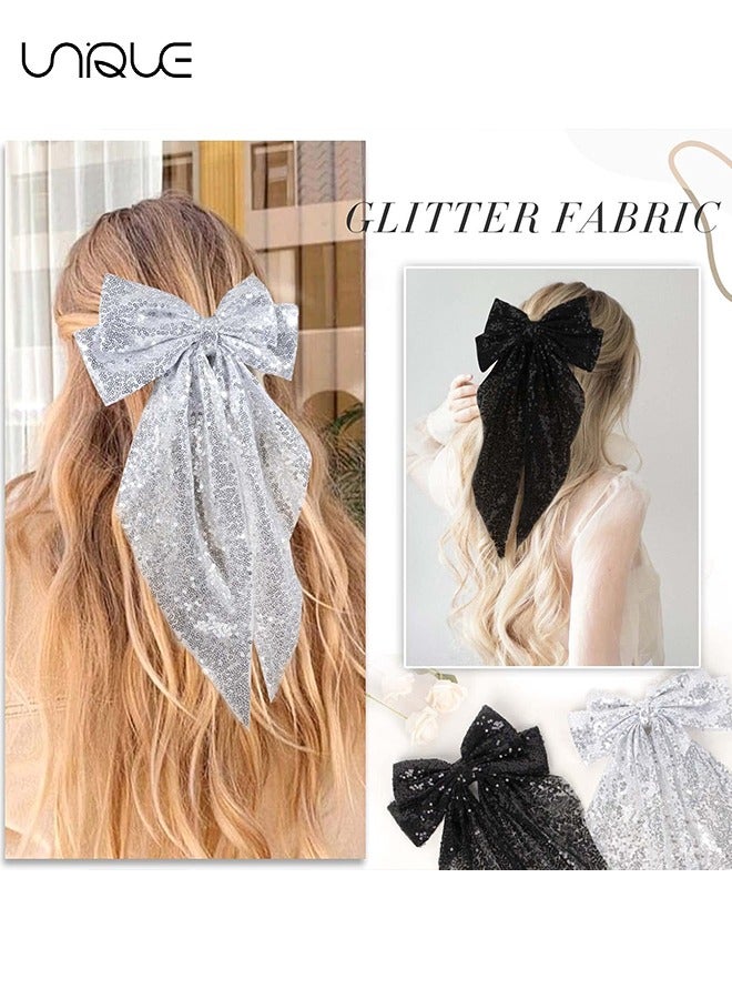 Unique 2 Pcs Hair Clip - Shiny Big Bow Hair Clip - Mesh Ribbon Bow Hairpin - Black & Silver Bow Hair Dress Up Accessories for Party/Show/Wedding - Image 5