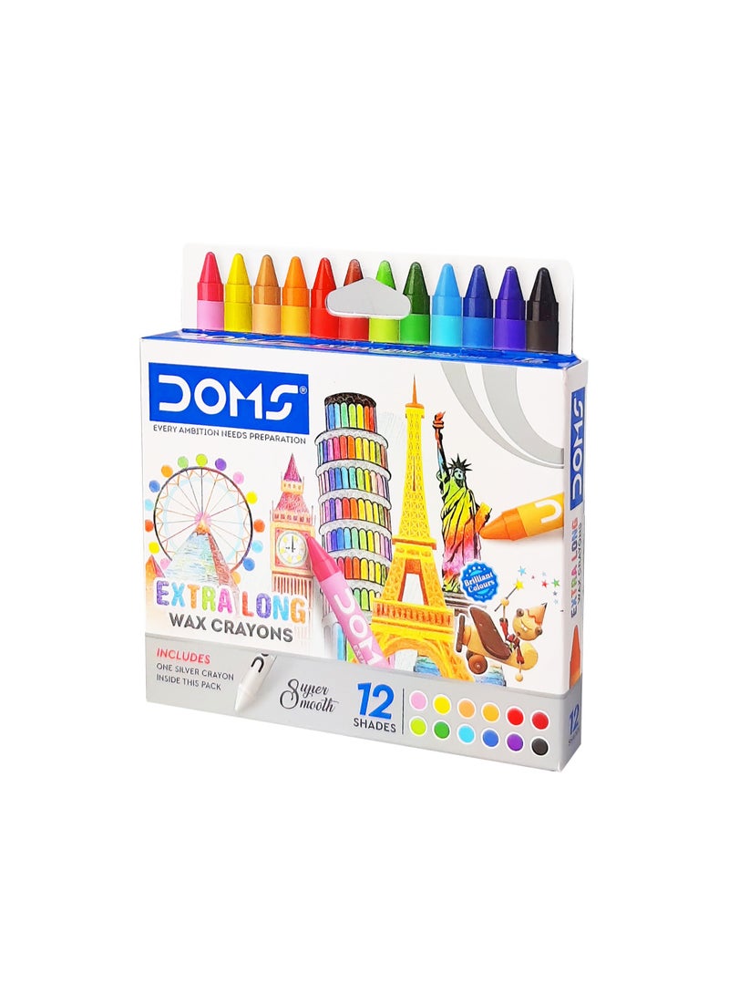 DOMS Extra Long Wax Crayons Set of 12 Shades with Extra One Silver Crayon