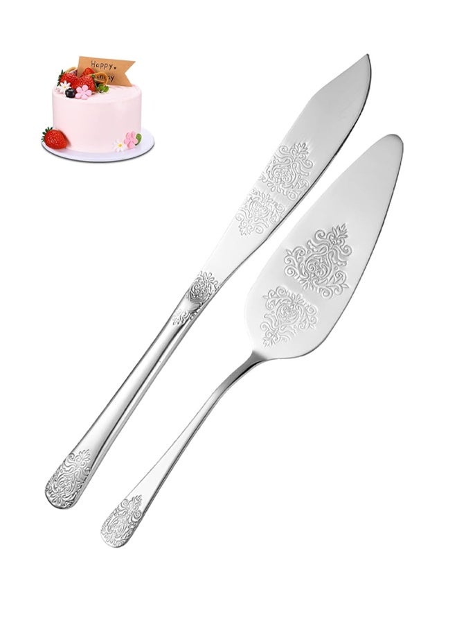 مجموعة تقديم كعكة الزفاف قطعتين، مجموعة سكين قطع الكعك للزفاف، قطاعة الكيك وملعقة مسطحة للفطائر، سكين كيك من الستانلس ستيل للزفاف، تتضمن سكين كيك 28 سم وأداة تقديم كيك 26 سم، مناسبة للحفلات والزفاف وأعياد الميلاد والكريسماس - Image 1