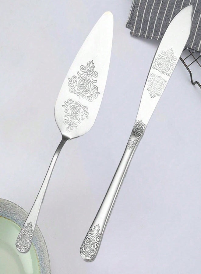 مجموعة تقديم كعكة الزفاف قطعتين، مجموعة سكين قطع الكعك للزفاف، قطاعة الكيك وملعقة مسطحة للفطائر، سكين كيك من الستانلس ستيل للزفاف، تتضمن سكين كيك 28 سم وأداة تقديم كيك 26 سم، مناسبة للحفلات والزفاف وأعياد الميلاد والكريسماس - Image 2