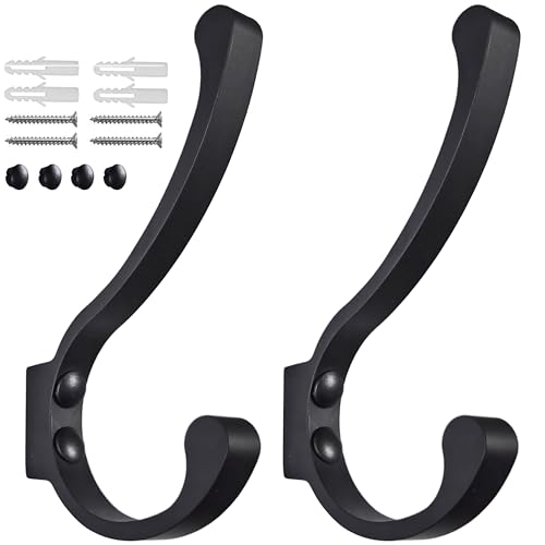 Latomex Coat Hooks for Wall, Heavy Duty Large Wall Hooks for Hanging Wall Mounted Metal Robe Hooks Utility Hooks for Coat, Scarf, Bag, Towel, Key, Cap, Cup, Hat (Black, 2 Pack) - Image 1