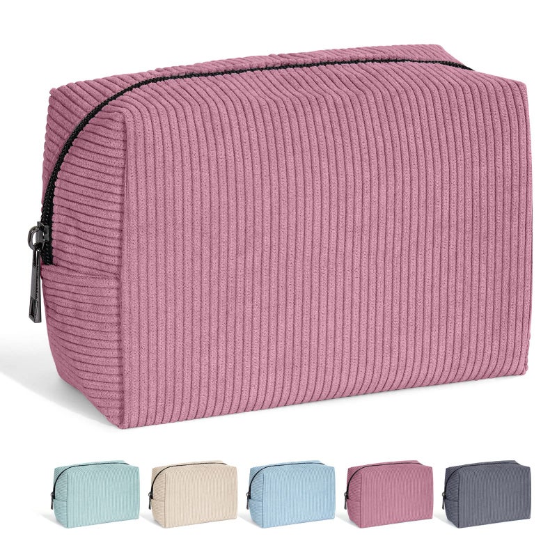 MAANGE Cosmetic Bags for Women Small Makeup Bag for Purse Corduroy Makeup Pouch Travel Makeup Bag with Metal Zipper Make Up Bag for Travelling(PINK) - Image 1