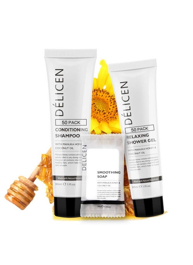 أوبيال هوسمال Oppeal Delicen Manuka Honey وسائل الراحة الفندقية ألواح صابون مستطيلة وشامبو وغسول للجسم مجموعة من 3 قطع برائحة كليمنتين 150 قطعة إجماليًا  - Image 1