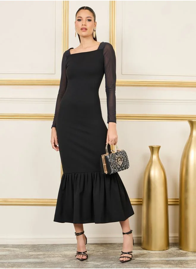 ستايلي Mesh Sleeves Square Wide Neck Mermaid Midi Dress
