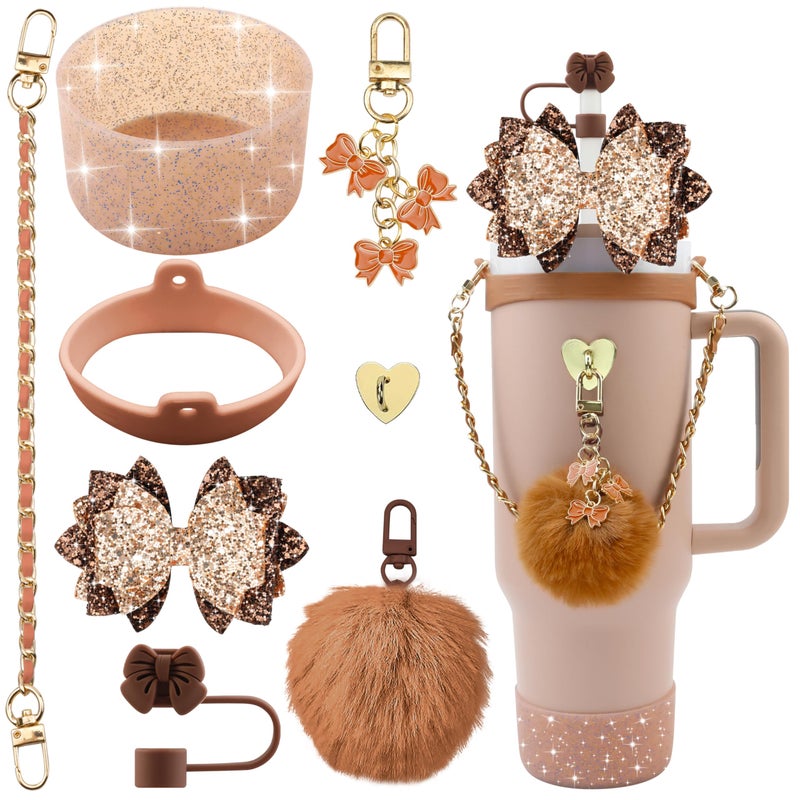 SEMATA Bling Accessories for Stanley Cup 40oz & 30oz Tumbler including Silicone Cute Bow Straw Topper Cover, Silicone Boot for Stanley Cup,Leather Water Bottle Handle Strap, Charms(Brown) - Image 1
