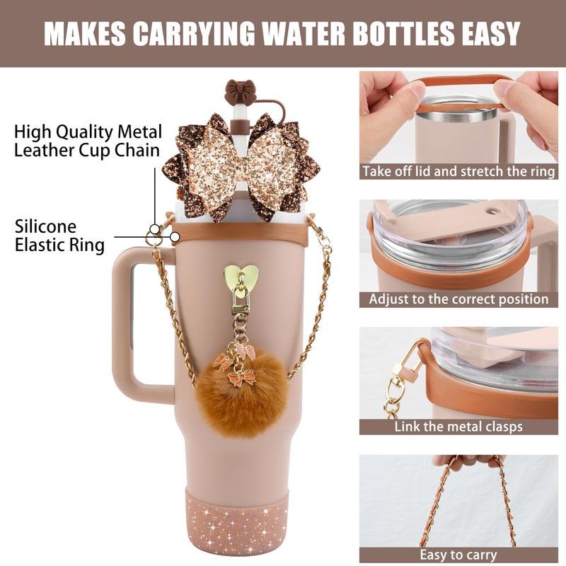 SEMATA Bling Accessories for Stanley Cup 40oz & 30oz Tumbler including Silicone Cute Bow Straw Topper Cover, Silicone Boot for Stanley Cup,Leather Water Bottle Handle Strap, Charms(Brown) - Image 2