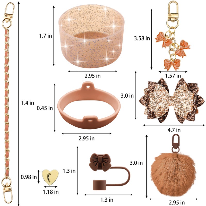 SEMATA Bling Accessories for Stanley Cup 40oz & 30oz Tumbler including Silicone Cute Bow Straw Topper Cover, Silicone Boot for Stanley Cup,Leather Water Bottle Handle Strap, Charms(Brown) - Image 3