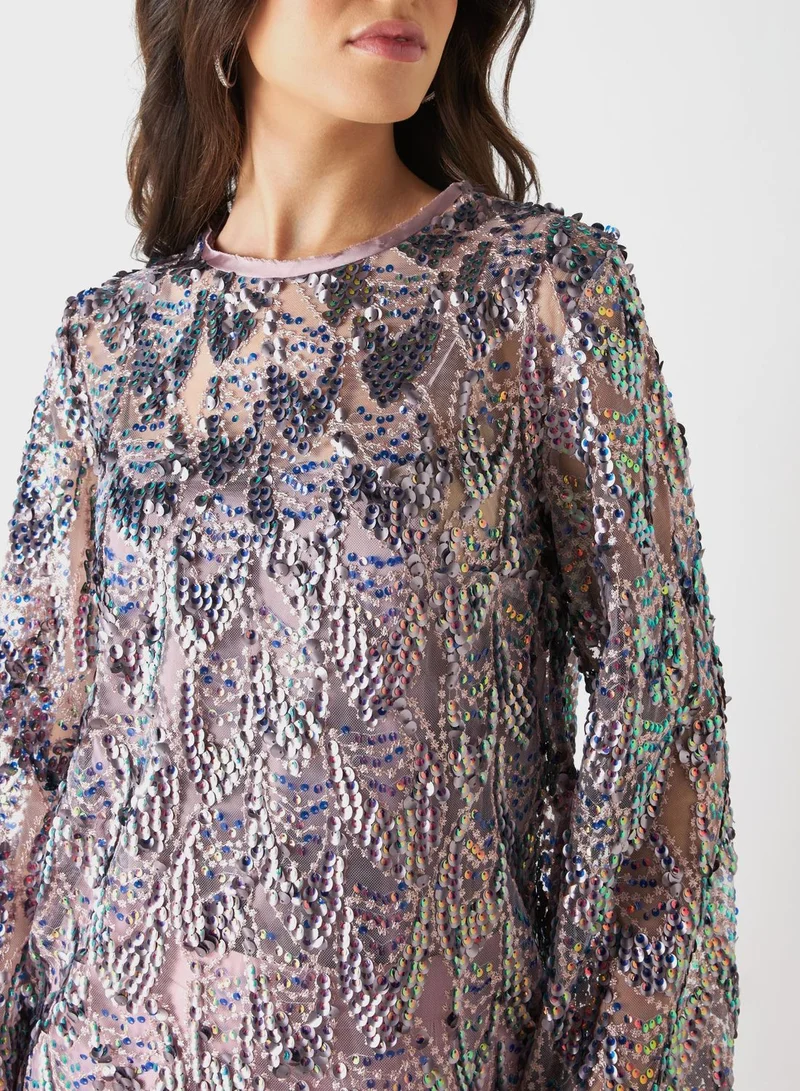 Iconic Crew Neck Flute Sleeve Embellished Top