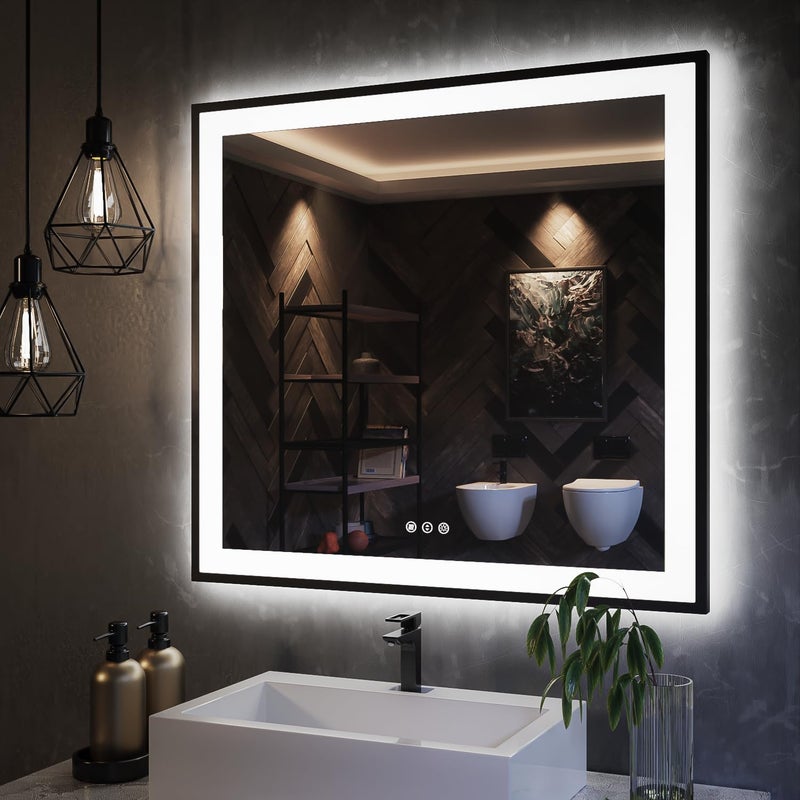 ISKM 36x36 Inch Square Framed LED Mirror for Bathroom Backlit and Front Lighted SteplessDimmable AntiFog Mirror for Wall ShatterProof Memory 3 Colors Vanity Mirror