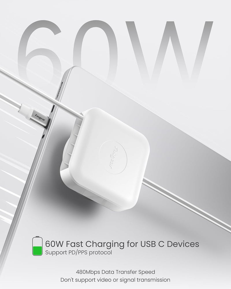 فاسجير كابل USB C قابل للسحب من ، سرعة شحن سريعة 60 واط PD/PPS، كابل شحن من USB C إلى USB C لأجهزة i-Phone 17، 16 Pro، i-Pad Pro، Mac-Book، Samsung، كابل من نوع Type C قابل للدوران 360 درجة (طول 1.4 متر، أبيض نقي) - Image 3