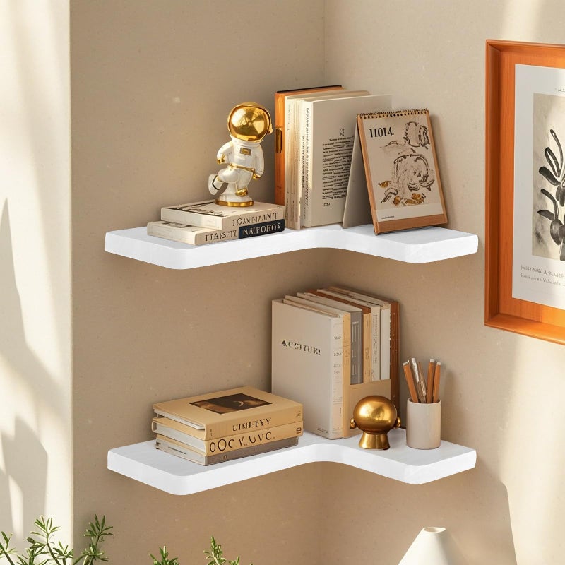 jubilander Floating Corner Shelves Set of 3, Solid Wood Picture Wall Shelf, Floating Shelves for Storage for Bedroom Kitchen Bathroom Living Room (White) - Image 5