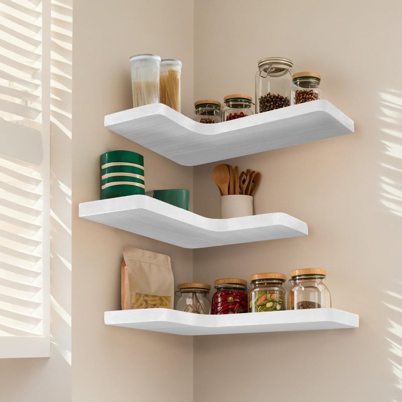 jubilander Floating Corner Shelves Set of 3, Solid Wood Picture Wall Shelf, Floating Shelves for Storage for Bedroom Kitchen Bathroom Living Room (White) - Image 4