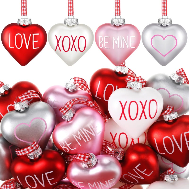 Vinsot 12 Pieces Valentine's Day Ornaments Heart Tree Decorations 2.4 Inch Pink Red White Ornaments Conversation Heart Hanging Baubles Valentines Day Decor for Tree Home Wedding - Image 1