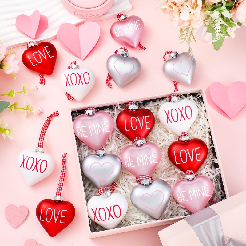 Vinsot 12 Pieces Valentine's Day Ornaments Heart Tree Decorations 2.4 Inch Pink Red White Ornaments Conversation Heart Hanging Baubles Valentines Day Decor for Tree Home Wedding - Image 4