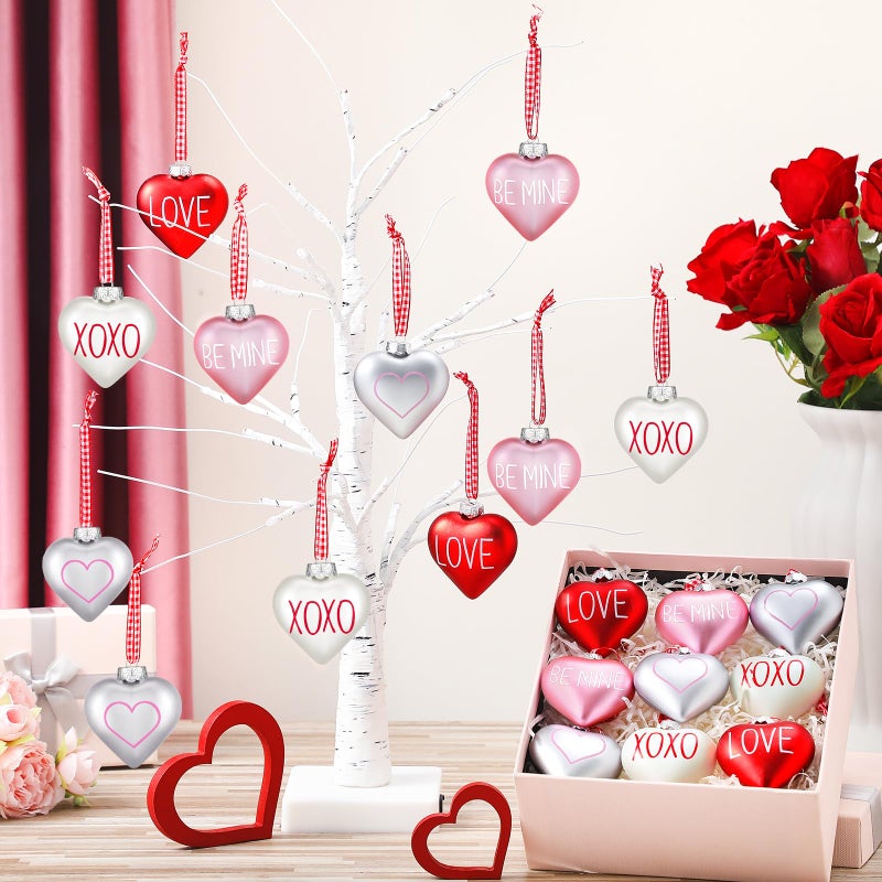 Vinsot 12 Pieces Valentine's Day Ornaments Heart Tree Decorations 2.4 Inch Pink Red White Ornaments Conversation Heart Hanging Baubles Valentines Day Decor for Tree Home Wedding - Image 5