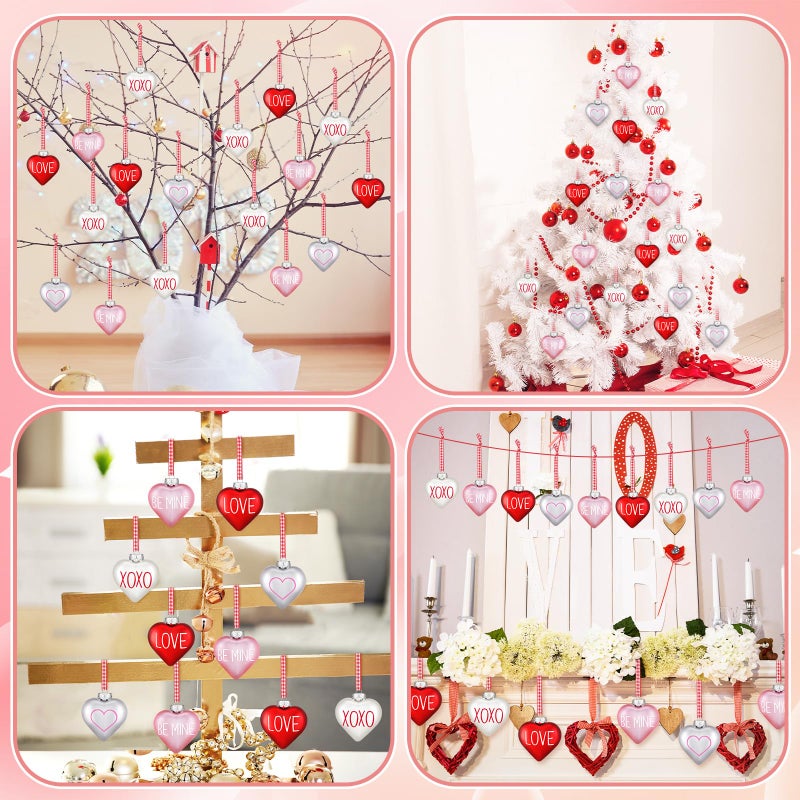 Vinsot 12 Pieces Valentine's Day Ornaments Heart Tree Decorations 2.4 Inch Pink Red White Ornaments Conversation Heart Hanging Baubles Valentines Day Decor for Tree Home Wedding - Image 2
