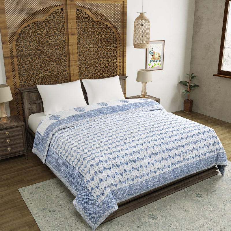 BLOCKS OF INDIA Hand Block Printed Cotton King Size Quilt/Rajai (90 inch X 108 inch) (Blue BUTA)| TC - 300 - Image 3
