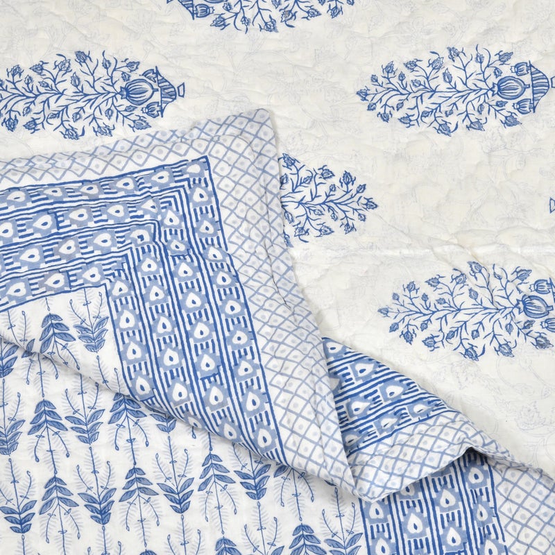BLOCKS OF INDIA Hand Block Printed Cotton King Size Quilt/Rajai (90 inch X 108 inch) (Blue BUTA)| TC - 300 - Image 5