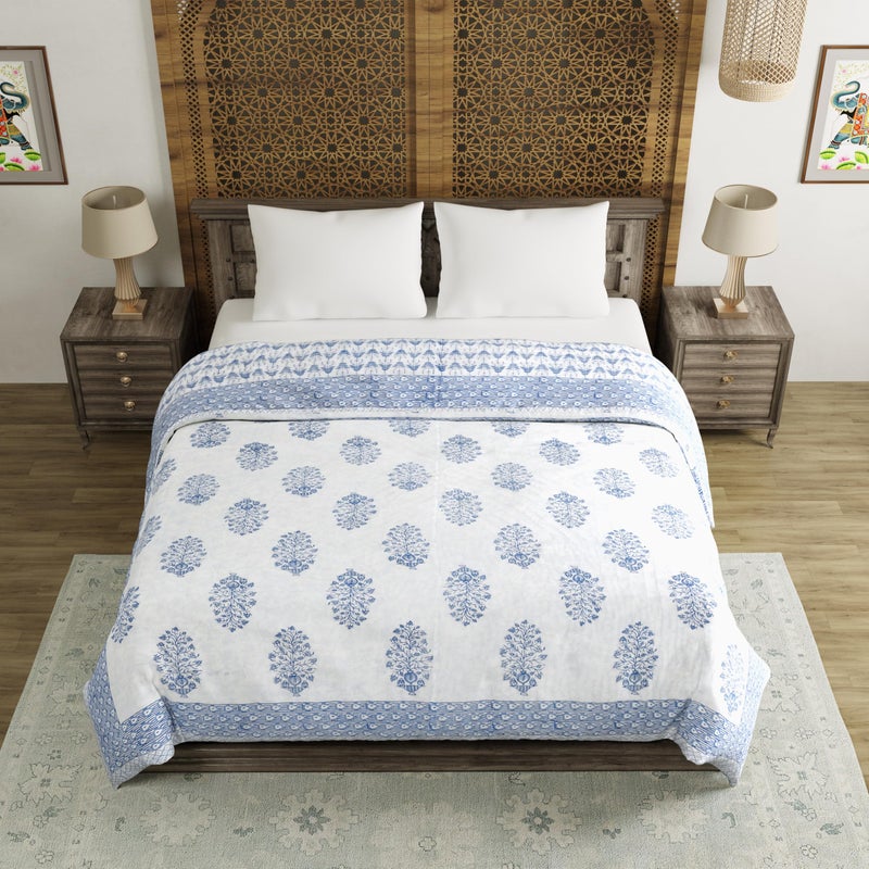 BLOCKS OF INDIA Hand Block Printed Cotton King Size Quilt/Rajai (90 inch X 108 inch) (Blue BUTA)| TC - 300 - Image 2