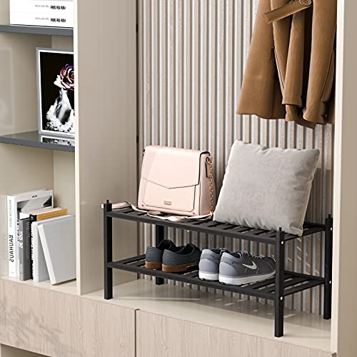 Dranixly Shoe Rack, 2-Tier Bamboo Stackable Shelf Storage Organizer, Stand for Closet, Entryway and Hallway （Black） - Image 5