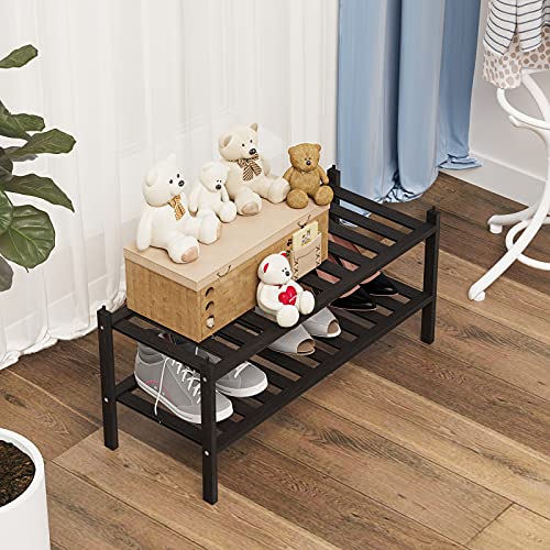 Dranixly Shoe Rack, 2-Tier Bamboo Stackable Shelf Storage Organizer, Stand for Closet, Entryway and Hallway （Black） - Image 3