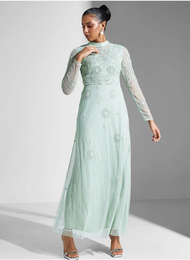 Amelia Rose Embellished Mesh Detail Dress