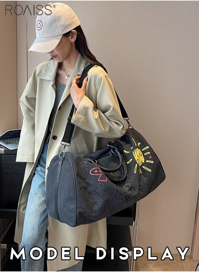 roaiss - Large Capacity Canvas Graffiti Travel Handbag Women'S Outdoor Leisure Wear-Resistant Material Fitness Adjustable Bag Strap Crossbody Bag - Image 1