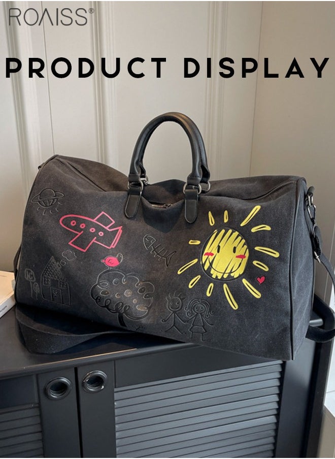 roaiss - Large Capacity Canvas Graffiti Travel Handbag Women'S Outdoor Leisure Wear-Resistant Material Fitness Adjustable Bag Strap Crossbody Bag - Image 1
