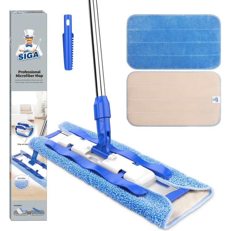 MRSIGA Professional Microfiber Mop for Hardwood Laminate Tile Floor Cleaning Stainless Steel Telescopic Handle 3 Reusable Flat Mop Refills and 1 Dirt Removal Scrubber Included