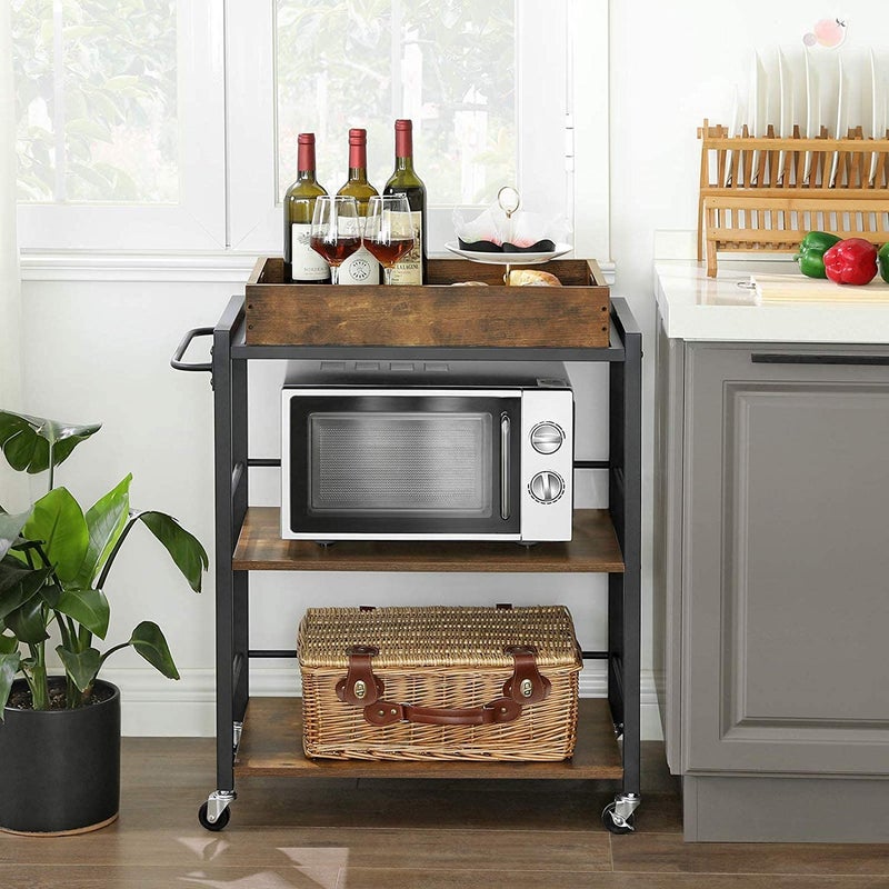 Generic Indian Decor 459091 Space Saving Kitchen Utility Trolley with Removable Tray Serving Cart Trolley Universal Castors with Brakes Leveling Feet Iron Structure Kitchen Shelf  - Image 2