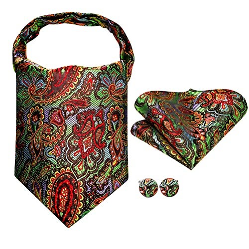 Dubulle Mens Green Red Paisley Ascot Set Floral Colorful Silk Cravat for Men Pocket Square Cufflinks Formal, Medium - Image 4