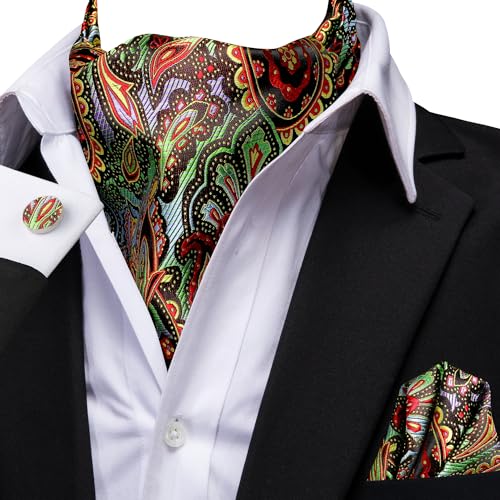 Dubulle Mens Green Red Paisley Ascot Set Floral Colorful Silk Cravat for Men Pocket Square Cufflinks Formal, Medium - Image 2
