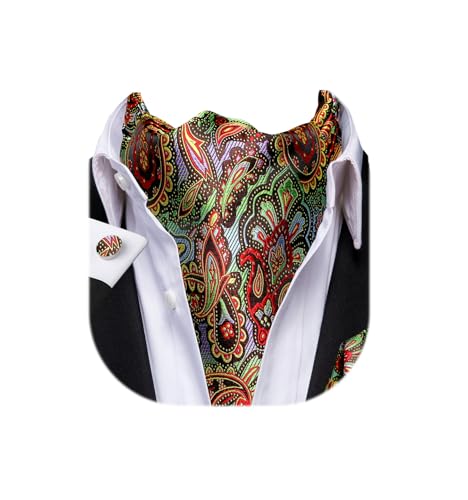 Dubulle Mens Green Red Paisley Ascot Set Floral Colorful Silk Cravat for Men Pocket Square Cufflinks Formal, Medium - Image 1