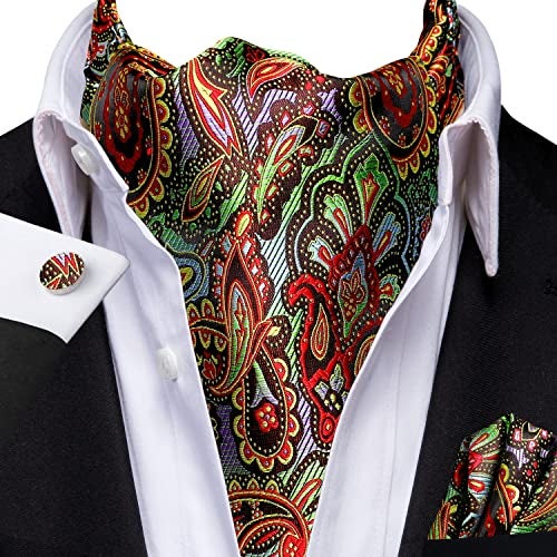 Dubulle Mens Green Red Paisley Ascot Set Floral Colorful Silk Cravat for Men Pocket Square Cufflinks Formal, Medium - Image 3