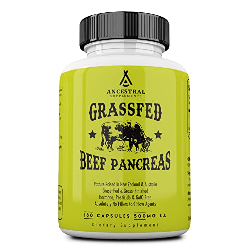Ancestral Supplements Grass Fed Beef Pancreas Supplement 500mg Pancreatic Support with Proteolytic Digestive Enzymes for Digestion Support Including Trypsin Non GMO 180 Capsules