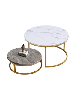 NKX Set Of 2 Modern Round Coffee Table With Top Marble Stone and Metal Frame 