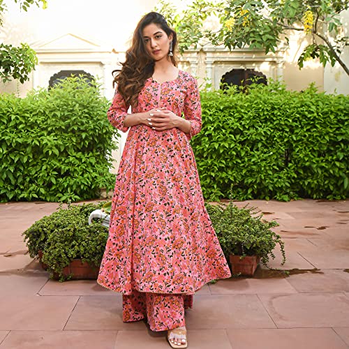 Arayna Women's Cotton Printed Anarkali Kurti with Palazzo Pants Set, Floral (XX-Large) Pink - Image 5