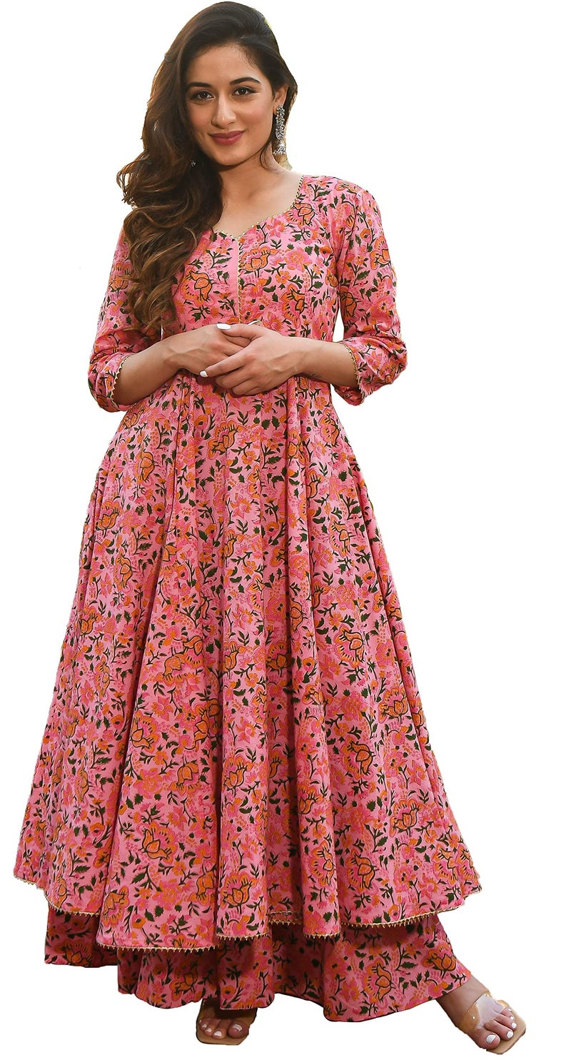 Arayna Women's Cotton Printed Anarkali Kurti with Palazzo Pants Set, Floral (XX-Large) Pink - Image 1