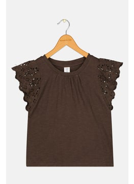 Kids Girl Round Neck Short Sleeve Plain Top, Brown