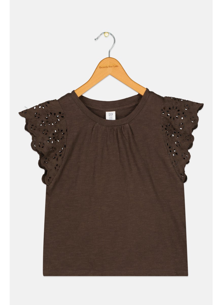 GAP - Kids Girl Round Neck Short Sleeve Plain Top, Brown - Image 1