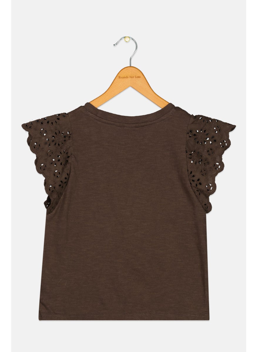 GAP - Kids Girl Round Neck Short Sleeve Plain Top, Brown - Image 1