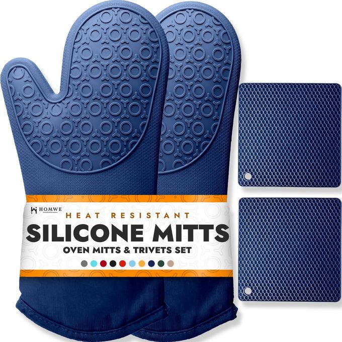 HOMWE BPA-Free Soft Silicone 4 Piece Oven Mitts & Trivets Set Ultra Heat Resistant Oven Mitts with Thick Cotton Liner Long Slip Resistant Pot Holders, Flexible Oven Gloves Royal Blue - Image 2