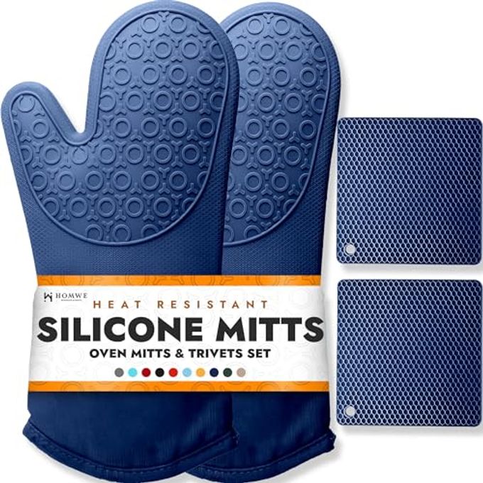 HOMWE BPA-Free Soft Silicone 4 Piece Oven Mitts & Trivets Set Ultra Heat Resistant Oven Mitts with Thick Cotton Liner Long Slip Resistant Pot Holders, Flexible Oven Gloves Royal Blue - Image 4
