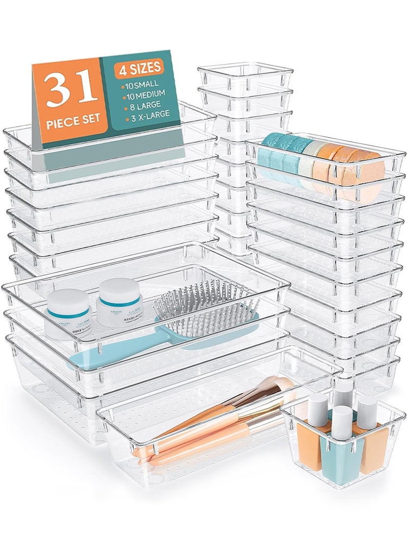 ميرتينج مجموعة منظمات مكتبية مكونة من 31 قطعة، مقسم أدراج بلاستيكي شفاف، صينية تنظيم أدراج بأربعة أحجام لأدوات المكياج والمجوهرات وأدوات المطبخ - Image 1