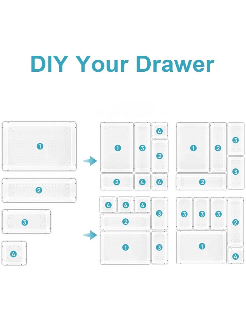 ميرتينج مجموعة منظمات مكتبية مكونة من 31 قطعة، مقسم أدراج بلاستيكي شفاف، صينية تنظيم أدراج بأربعة أحجام لأدوات المكياج والمجوهرات وأدوات المطبخ - Image 3