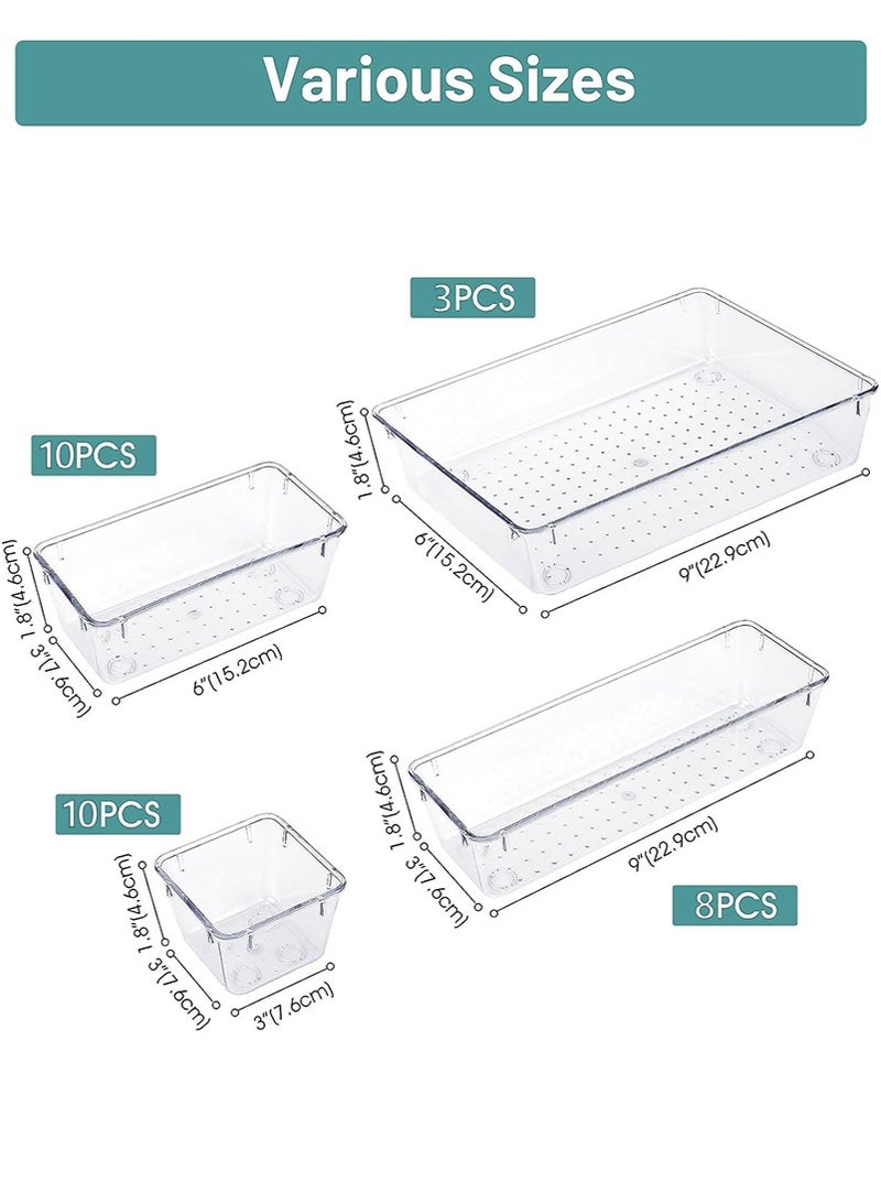 ميرتينج مجموعة منظمات مكتبية مكونة من 31 قطعة، مقسم أدراج بلاستيكي شفاف، صينية تنظيم أدراج بأربعة أحجام لأدوات المكياج والمجوهرات وأدوات المطبخ - Image 2