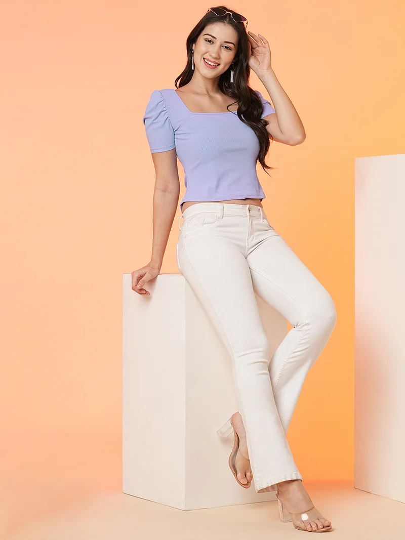 globus Women Lavender Square Neck Puff Sleeve Cotton Top