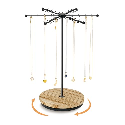 Poyilooo Necklace Holder Jewelry Stand Rotating Necklace Holder Organizer with 48 Hooks for Necklace Earring Keychains Bracelet Display Stand Metal Necklace Tree Stand Gifts for Women Black - Image 1