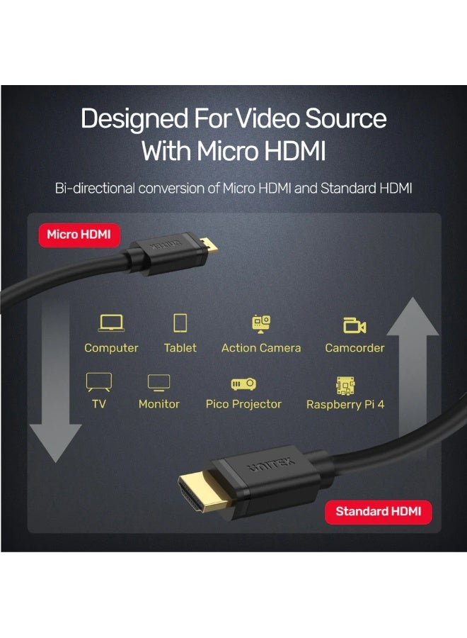 UNITEK كابل Micro HDMI إلى HDMI بدقة 4K و60 هرتز – 18 جيجابت في الثانية، HDR10، HDCP 2.2، 7.1 محيطي، ثنائي الاتجاه - Image 4