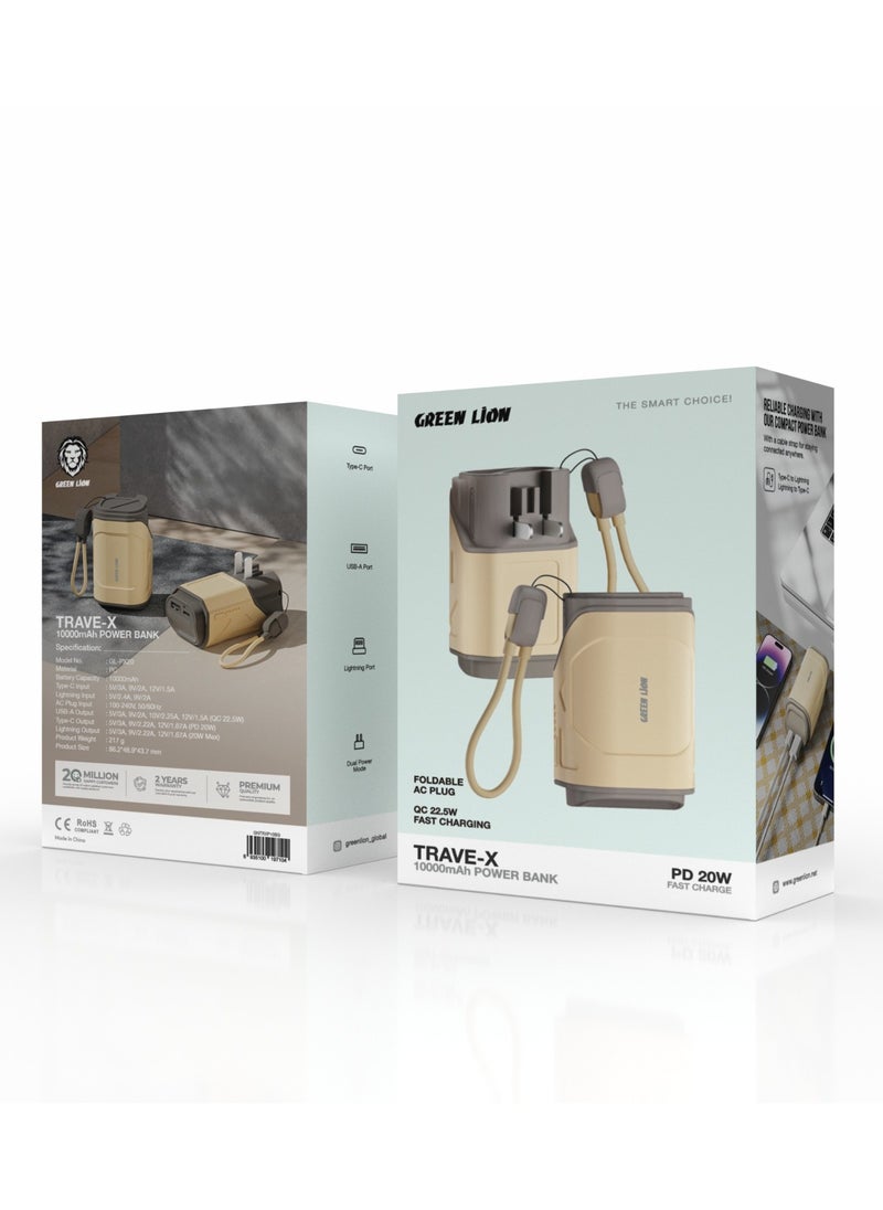 GREEN LION - Power Bank 10000mAh Trave-X with Foldable AC Plug / Type-C/Lightning/USB-A Port / Reliable Charging / Compact and Lightweight / Easy to Carry / Dual Power Mode - Beige - Image 1